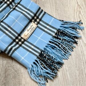 Rong Jia Mongolian Cashmere Tartan Plaid Light Blue and Black Wrap XL
